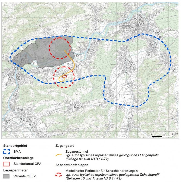 Figur 104-5: Übersicht Topographie und Zugangsbauwerke mit Lagerperimeter im Opa¬li-nuston sowie modellhafte Perimeter für die Anordnung von Schächten