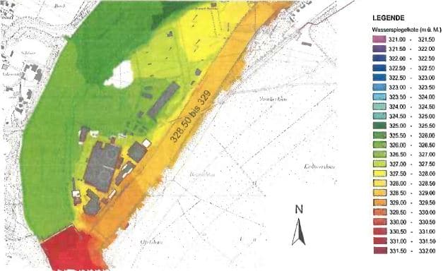 Wasserkote bei 10'000 jährlichen Hochwassern mit verklausung und Geschiebe KKB