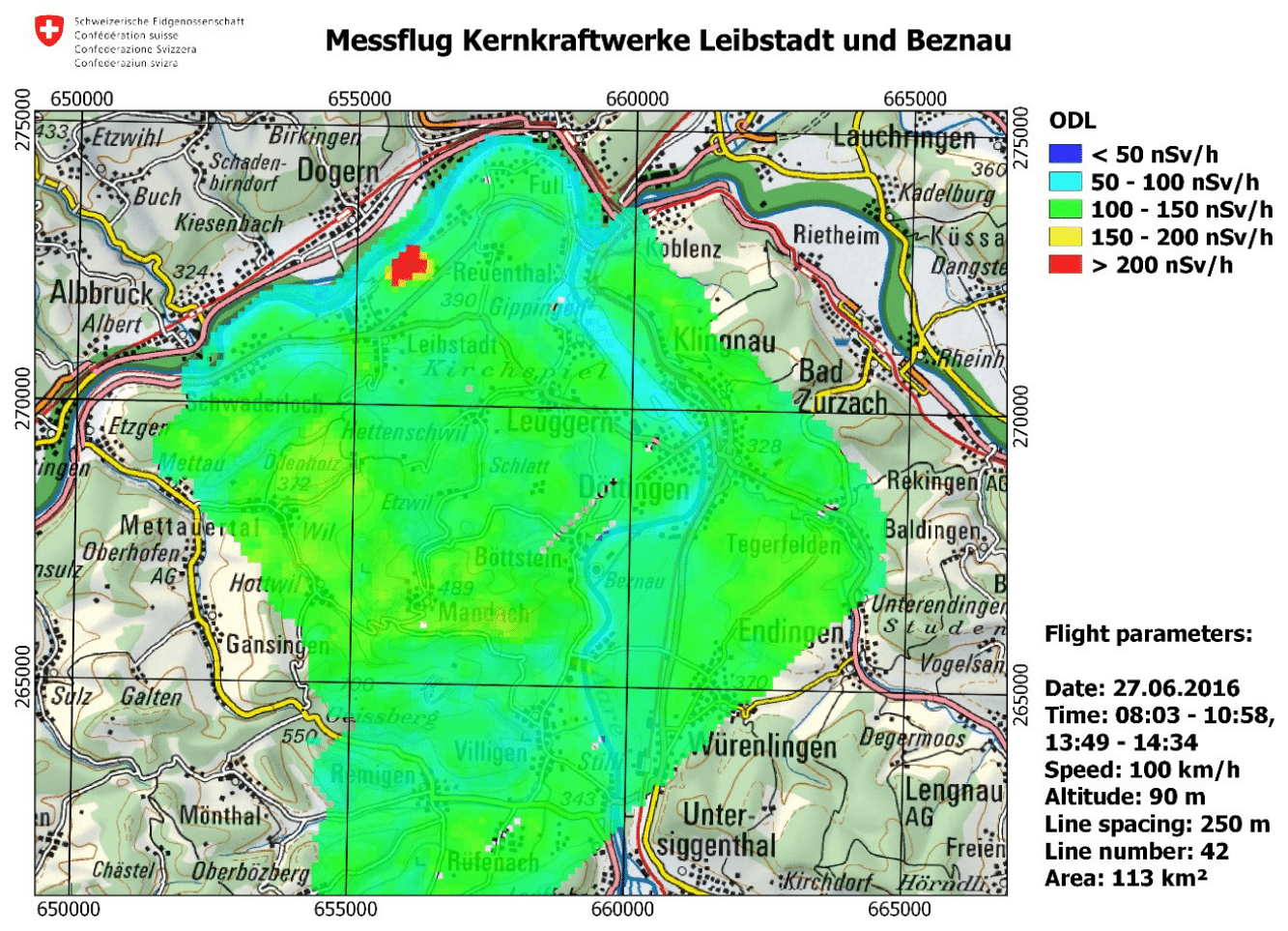 Erwartungsgemäss stellten die Messflüge erhöhte Ortdosisleistungen über dem Maschinenhaus eines Siedewasserreaktors fest. Dieses Jahr wurde auch eine erhöhte Ortdosisleistung über dem Areal des Kernkraftwerks Leibstadt gemessen.