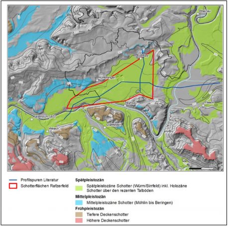 Figur 137-1: Beispiel einer Analog-Situation für das Ergebnis einer glazialen Tiefenerosion: Schotterflächen im Rafzerfeld im Vorfeld der Thurtalrinne.