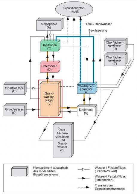 Figur 137-5: Schematische Darstellung der Kompartimente und Transportprozesse im Transportmodell der Biosphäre (günstiger Fall).