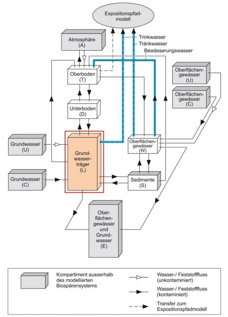 Figur 137-6: Schematische Darstellung der Kompartimente und Transportprozesse im Transportmodell der Biosphäre (plausibler Fall).