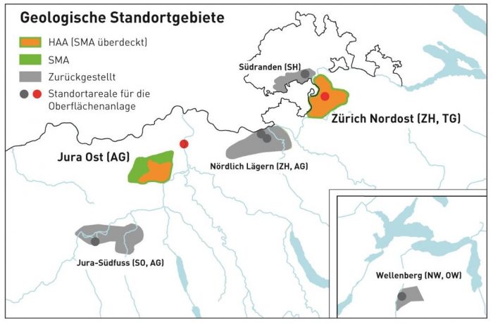 Figur 144-2: Vorschläge der Nagra, welche Standortgebiete in Etappe 3 SGT weiter untersucht werden sollen. 