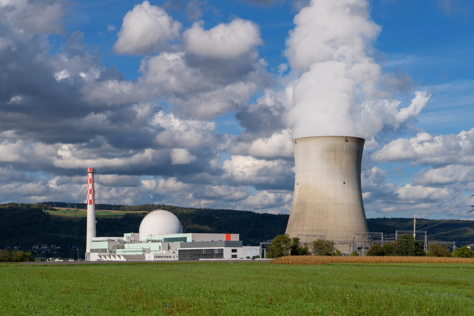 Gesamtansicht des Kernkraftwerkes Leibstadt mit grüner Wiese