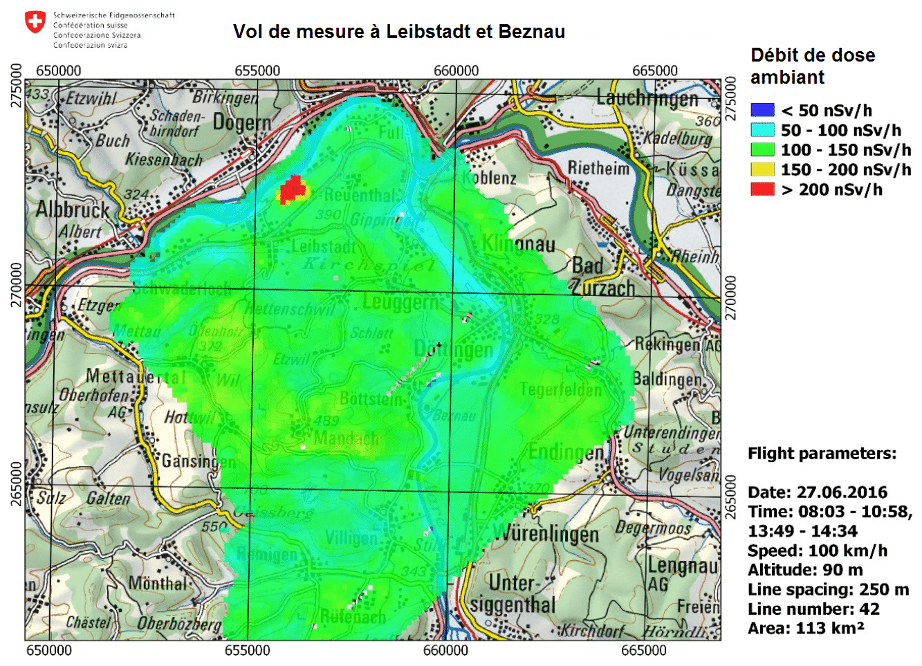 Il est attendu que les vols de mesure révèlent des débits de dose ambiants plus élevés au-dessus de la salle des machines d’un réacteur à eau bouillante. Un débit de dose ambiant plus élevé a été mesuré cette année aussi au-dessus de la centrale nucléaire de Leibstadt.